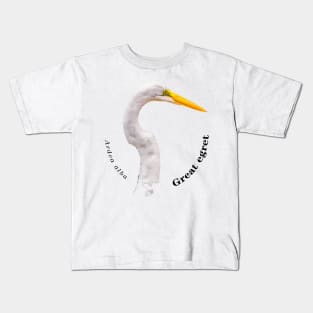 Great egret tropical bird pin black text Kids T-Shirt